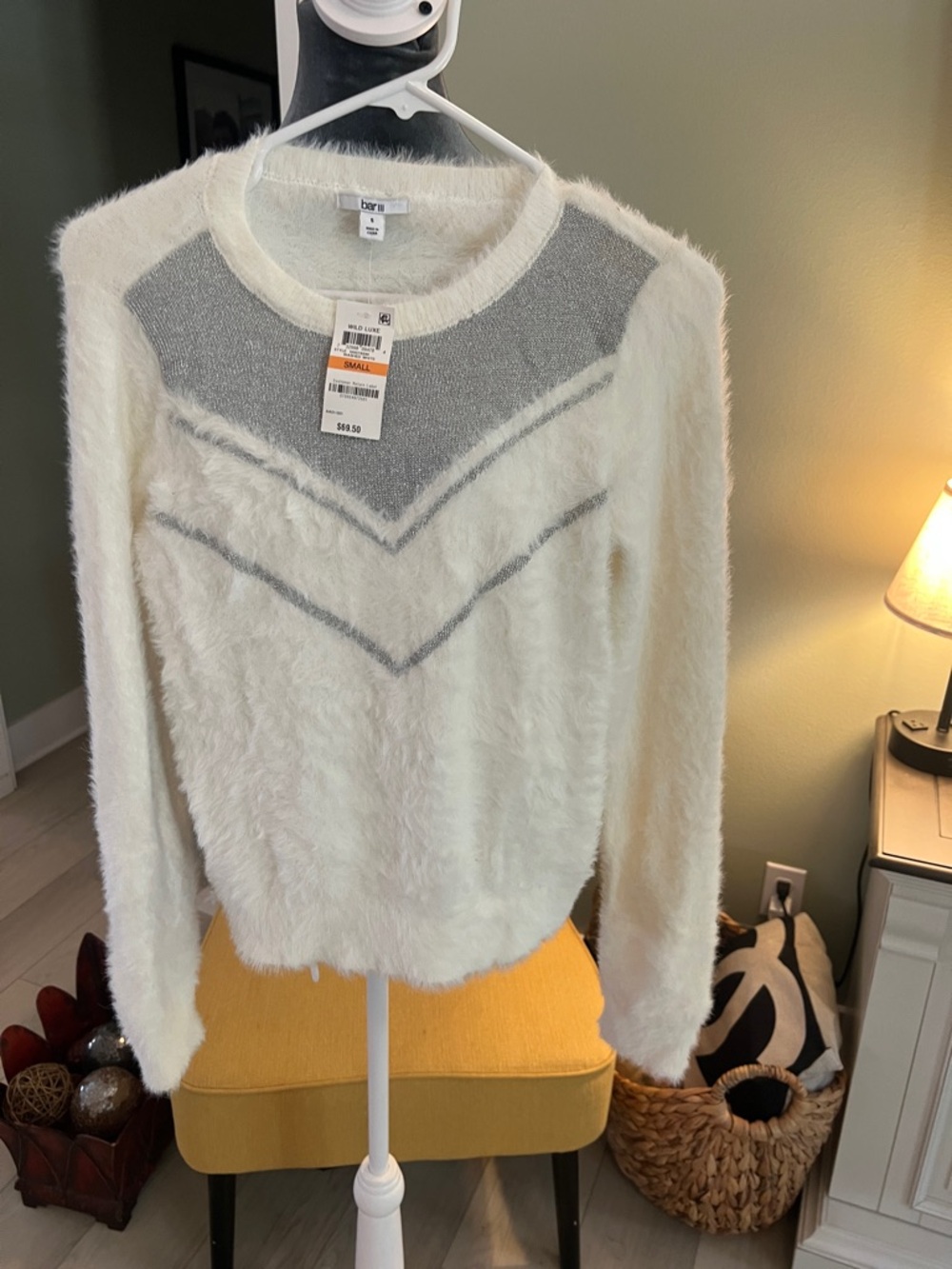 Bar III Cream Fuzzy Crew Sweater with Gray Chevron